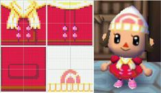 an animal crossing game character is shown in cross - stitch and has four different patterns