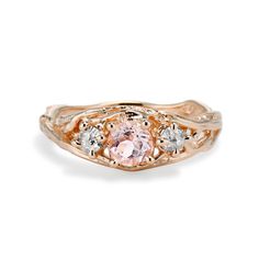 Maori Mythology, Nature Wedding Ring, Contour Ring, Earth Mother, June Birthstone Ring, Peach Morganite, Three Stone Engagement Ring, Morganite Diamond, Ring Flower