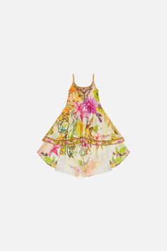 KIDS ROUND NECK TIERED DRESS 4-10 HOW DOES YOUR GARDEN GROW – CAMILLA Print Inspiration, Tier Skirt, Crystal Embellishment, Lemon Yellow, Tiered Dress, Kids' Dresses, Scoop Neckline, Peonies, High Low