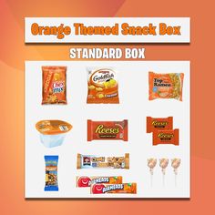 an orange themed snack box with various snacks