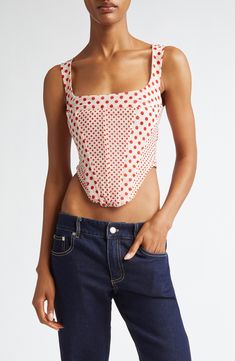 Inspired by a love of vintage, designer Alexia Elkaim serves up sultry separates, like this fully boned powermesh top with a retro polka dot pattern. 19 1/2" front length; 14 1/2" back length (size Medium) Exposed back-zip closure Square neck Sleeveless Lined 70% nylon, 30% spandex Dry clean Imported Designer Clothing Polka Dot Fitted Cropped Top, Fitted Cropped Polka Dot Top, Fitted Polka Dot Top For Spring, Red Fitted Top With Boned Bodice, Fitted Summer Top With Boning, Corset Top Pattern, Retro Stripes, Red Polka Dot, Polka Dot Pattern