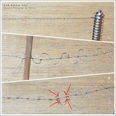 two pictures of barbed wire and a screw