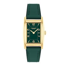 A distinctive and stately design, the minimalist ladies' Reese watch from Coach is an elevated choice for everyday wear. Green dial with gold-toned numerical and stick markers 24.0mm rectangular gold-toned ion-plated stainless steel case with mineral crystal Japanese quartz movement Green leather strap; buckle clasp Water-resistant to 30 meters We are an authorized Coach dealer Classic Evening Watch With Metal Dial, Classic Yellow Gold Watch For Everyday, Classic Watches With Rectangular Dial For Work, Classic Yellow Gold Watches For Everyday Wear, Classic Rectangular Watches For Workwear, Classic Rectangular Watches For Work, Elegant Yellow Gold Watches For Workwear, Elegant Yellow Gold Watches For Work, Elegant Yellow Gold Workwear Watch