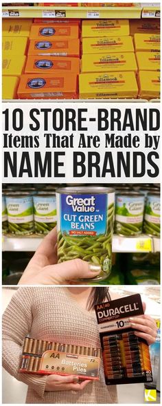 a woman holding up some items in front of her face and the words, 10 store - brand items that are made by name brands