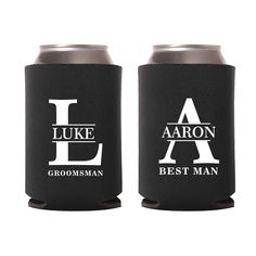 two black can coolers with white letters and the words luke, aaron, best man