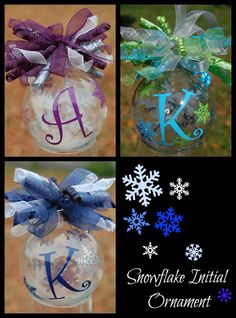 snowflake initial ornament with ribbon and monogrammed letters on it