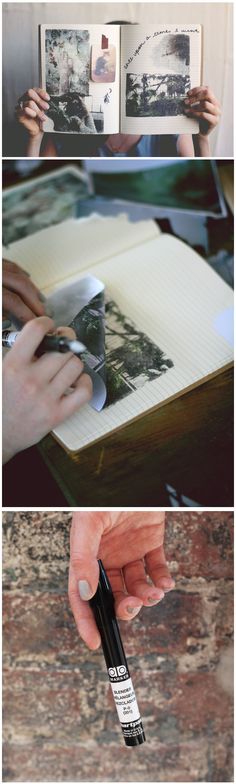 three different pictures showing hands holding an open book and writing something on the page in front of them