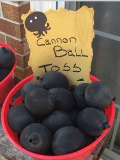 two red buckets filled with black plums next to a sign that says cannon ball toss