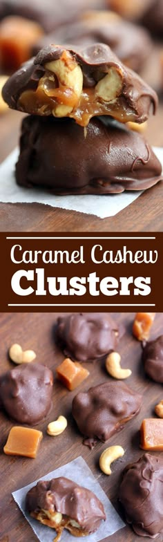 caramel cashew clusters are stacked on top of each other with chocolate and peanut butter