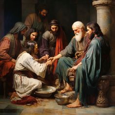 a painting of jesus handing money to the poor people in front of him, who are sitting down