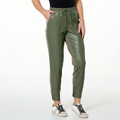 G by Giuliana Faux Leather Ponte Jogger Part of Giuliana's Black Label collection, these pull-on joggers offer the best of both worlds: an edgy, trend-right faux leather front and a comfy-cozy ponte knit back. Stretch Green Joggers With Elastic Waistband, Green Leather Jogger Pants, Green Cotton Joggers With Elastic Cuffs, Modern Chic Fashion, Casual Green Micro-elastic Leggings, Giuliana Rancic, Nylon Joggers With 4-way Stretch And Pockets, Tie Design, Best Of Both Worlds