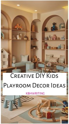 Children's playroom with wooden shelves, toys, and cozy seating.