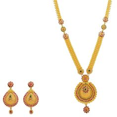 22K Yellow Gold Necklace And Earrings Set W/ Rubies, Emeralds, CZ Gems, Flower Charms & Pear Pendants - Virani Jewelers Gold Necklace And Earrings Set, 22k Gold Necklace, Pear Shaped Pendant, Pendants For Women, Pear Pendant, Yellow Gold Necklace, Gold Bead Necklace, Necklace And Earrings Set, Bold Design