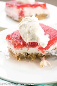 a piece of strawberry cream pie on a plate with a fork