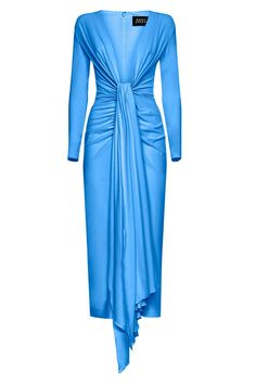 SOLACE LONDON-Lorena Midi Dress- Luxury Stretch Blue Midi Dress, Azure Blue Dress, Luxury Classic Blue Midi Dress, Luxury Blue Midi Dress With Asymmetrical Hem, Luxury Blue Midi Dress With Asymmetrical Neckline, Luxury Blue Pre-draped Midi Dress, Laundry List, Edgy Glam, Solace London