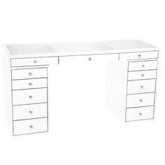 a white desk with four drawers and two doors on the top, in front of a white background