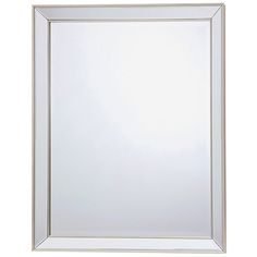 a white framed mirror with silver trim on the edges and bottom edge, against a white background