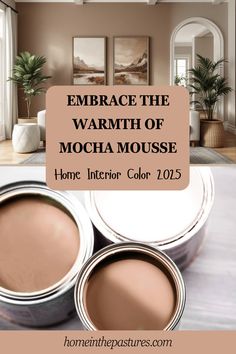 two paint cans with the words embrace the warmth of mocha mousse