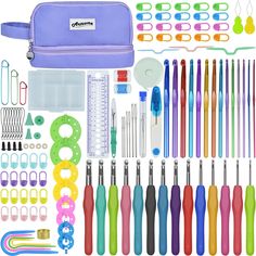 an assortment of sewing tools including needle tips, scissors and other accessories are shown in this image