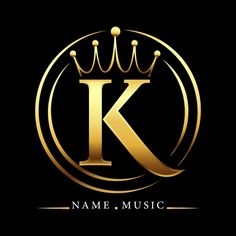 the letter k with a crown on top of it in a golden circle logo design