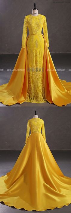 10% off now|Free shipping world-wide. Modest Yellow Long Sleeve Mermaid Formal Party Dress with Detachable Train at GemGrace. Click to learn our pro custom-made service for wedding dress, formal dress. View #BridalPartyDresses for more ideas. #uniquepromdresses Dress With Detachable Train, Yellow Mermaid, Delicate Gown, Detachable Train, Yellow Long Sleeve, Unique Prom Dresses, Standard Dress, Bridal Party Dresses, Formal Party Dress