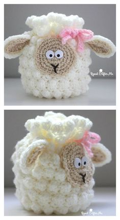 crocheted sheep with pink bow sitting on top of it's head and the bottom