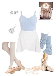 ballet clothes and accessories are arranged on a white background