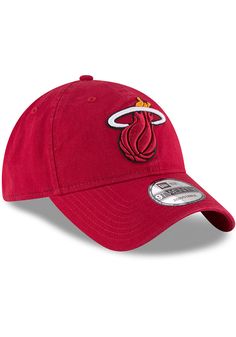 This Miami Heat Red Adjustable Hat features a front embroidered team logo on a lightly-structured cotton crown, with pre-curved visor and adjustable backstrap. Team logo embroidered on the front, Cloth Strap Closure to dial in the perfect fit, Relaxed, unstructured fit, Pre-curved bill, 100% cotton construction, New Era Flag logo on side, Dad hat, 100% Cotton, Washable, Imported Red Baseball Cap With Embroidered Logo For Sports, Sporty Red Cotton Baseball Cap, Red Cotton Sporty Hat, Sporty Red Cotton Hat, Sports Cotton Hat With Logo, Cotton Sports Hat With Logo, Cotton Hat With Team Logo For Sports Events, Cotton Sports Hat With Team Logo, Red Sports Hat With Embroidered Logo