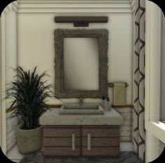 a bathroom with a sink, mirror and potted plant