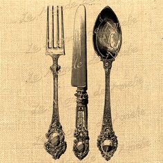 an antique drawing of silverware and utensils