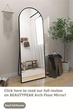 a large mirror sitting on top of a wooden floor next to a potted plant