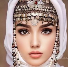 a woman wearing a white headdress with pearls and jewels on her head,