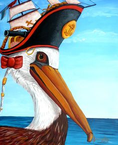 a painting of a pelican with a pirate ship on it's head