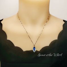 "Marquise-Cut Blue Sapphire Jewelry Gorgeous Unique Artisan design Full Sterling Silver Made Luxury Gemstone Jewelry ◆◆Pendant Main stone: Created 7*14mm 3 CT Blue Sapphire Pendant Height ( include bail) : 27mm Pendant Holder (bezel & Bail) : Solid 925 Sterling Silver Accent Stone: Sim Diamond ◆◆ Necklace chain : Platinum gold coated 925 sterling silver Box Chain with length option from 16\" ~20\". The model wearing the default size 18\". 16 inch ≈ 40cm 18 inch ≈ 45cm 20 inch ≈ 50cm ♥ Gemsto Luxury Blue Oval Pendant Necklace, Formal Blue Oval Pendant Necklace, Blue Sapphire Jewelry, Blue Sapphire Pendant, Blue Sapphire Necklace, Aquamarine Necklace, Garnet Jewelry, Emerald Pendant, Orange Sapphire