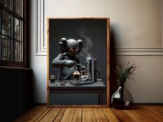 an art print of a cartoon character with steam coming out of his head, in front of a window