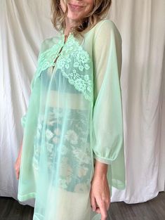 Gorgeous color!! Sheer knit with  structured look, fabric gives it a 1960s housewives vibe. Can be worn as a robe at home or jacket out on the town! Sheer Long Sleeve Sleepwear For Spring, Vintage Spring Sleepwear, Vintage Spring Sleepwear For Home, Retro Long Sleeve Sleepwear For Home, Vintage Neon, Sheer Knit, Lace Button, Women's Nightgowns, Nightgowns