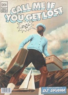 a magazine cover with a man carrying luggage and a sailboat on the beach in front of him