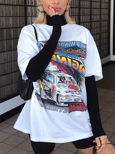 Wild Speed Graphic Oversize Tee - HouseofHalley Wild Speed, Oversized Graphic Shirt, White Tshirt Outfit, Moda Grunge, Outfit Oversize, Biker Shorts Outfit, Outfits 90s, Oversize Tee, Indie Outfits