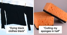 there are two pictures with words describing how to use sponges in clothing drying clothes