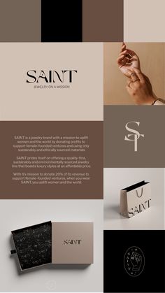 the brand identity and packaging design for saint jewelry on a white background with black and brown squares