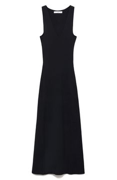 Curve-skimming ribbing adds soft texture to this simple yet stunning sleeveless dress knit with a slight flare at the skirt. Slips on over head V-neck Sleeveless 73% viscose, 27% polyamide Hand wash, dry flat Imported Sleeveless Sleek Maxi Dress With Flattering Silhouette, Sleek Sleeveless Maxi Dress With Flattering Silhouette, Sleek Sleeveless Ribbed Dress, Elegant Stretch Ribbed Sleeveless Dress, Sleek Sleeveless Maxi Dress, Elegant Fitted Sleeveless Ribbed Dress, Sleeveless Black Ribbed Maxi Dress, Sleeveless Ribbed Maxi Dress For Evening, Black Sleeveless Ribbed Maxi Dress