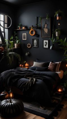 a bedroom with black walls and lots of plants