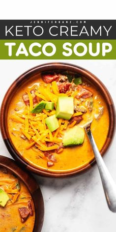 two bowls of keto creamy taco soup with avocado and cheese