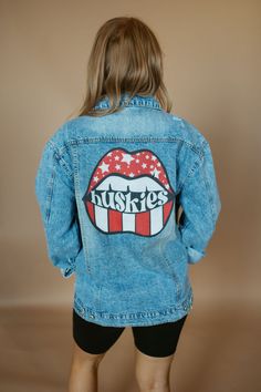 Huskies Lips Distressed Denim Jacket | RTS-Jacket-Sister Shirts-Sister Shirts Trendy Denim Jacket With Patches, Trendy Denim Jacket With Graphic Print For Fall, Trendy Graphic Print Denim Jacket, Trendy Oversized Denim Jacket With Graphic Print, Casual Medium Wash Denim Jacket With Graphic Print, Trendy Medium Wash Denim Jacket With Graphic Print, Casual Medium Wash Outerwear With Graphic Print, Trendy Graphic Print Denim Jacket For Streetwear, Spring Denim Jacket With Graphic Print And Relaxed Fit