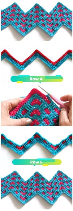 the steps to crochet a chevron stitch in two different colors, including red and blue