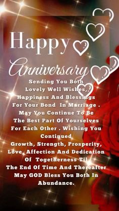 a red rose with hearts on it and the words happy anniversary written in white lettering