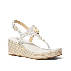 Michael Kors-Casey Wedge Sandal Add an eye-catching touch to a vacation staple with the Casey wedge sandals from Michael Michael Kors. The classic silhouette features a wrapped espadrille heel, a repeating logo print, and goldtone metallic accents. White Espadrille Sandals For Vacation, Casual Michael Kors Sandals For Summer, White Espadrille Sandals For The Beach, White Straw Sandals For Beach Season, Summer Wedge Heel Espadrilles With Branded Insole, White Straw Wedge Sandals For Beach, White Straw Wedge Sandals, Synthetic Wedge Sandals For Beach, Beach Espadrilles With Branded Insole