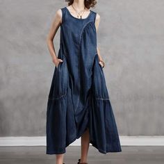 Clothes Texture, Plus Size Denim Dress, Sleeveless Denim Dress, Lagenlook Style, Plus Size Denim, Cotton Linen Pants, Irregular Hem, Sleeve Cuff, Denim Cotton