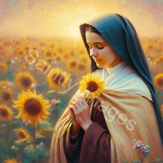 a painting of a woman holding a sunflower in her hands with the words jesus on it