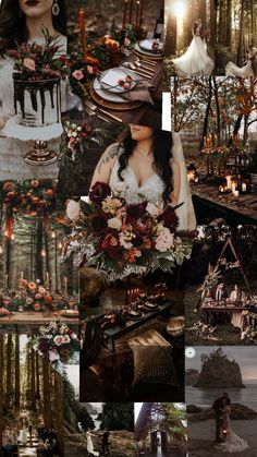 a collage of photos with flowers, candles and trees in the background is a woman holding a cake